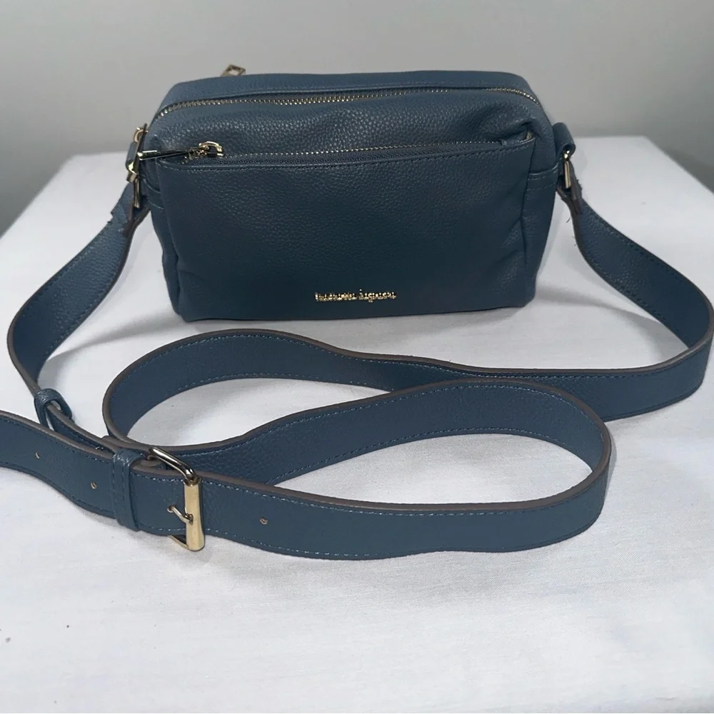 Nanette Lepore Riya Camera Bag Pebbled Vegan Leather Crossbody Deep Dusty Blue